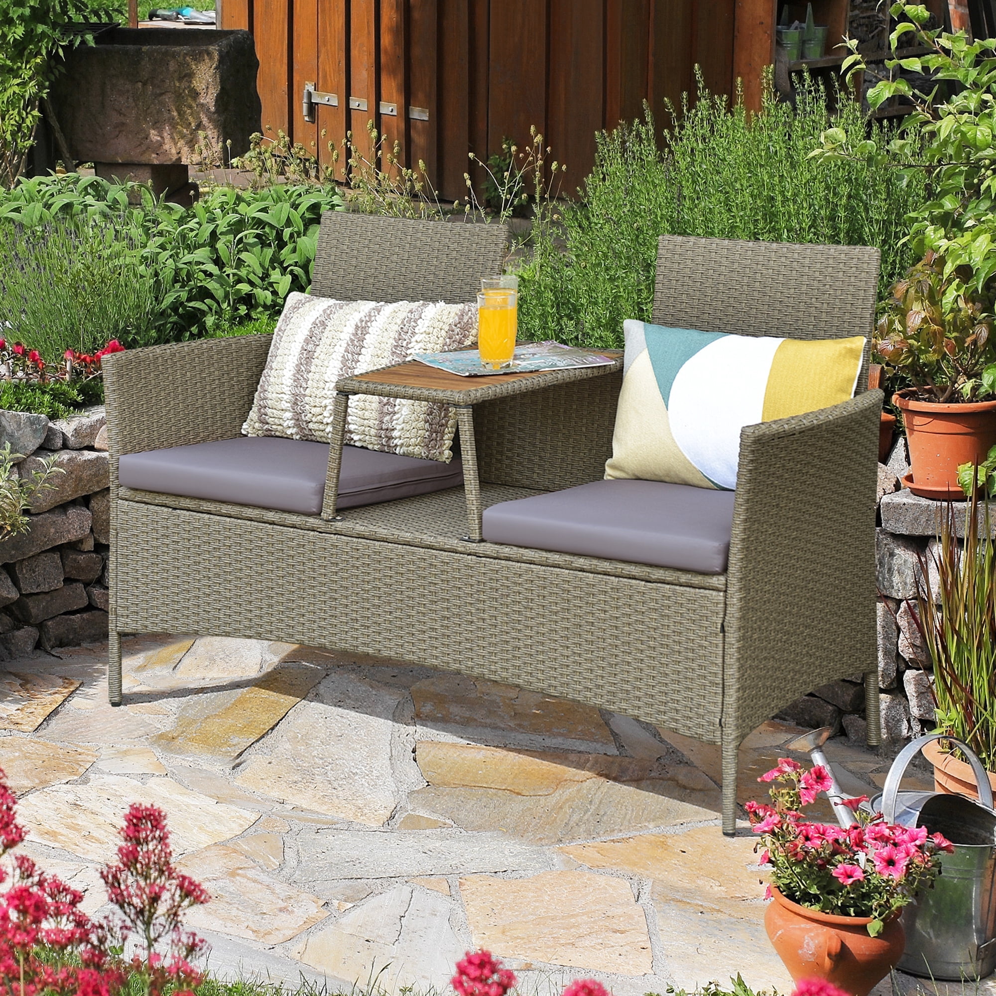 Gymax Patio Rattan Loveseat Outdoor 2-Person Conversation Set w/ Built-in Table