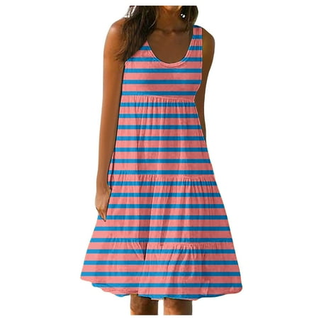 QYZEU Bodycon Dresses for Women U Neck Loose Fit Dresses for Women s Gradient Striped Print Sleeveless Beach Midi Dress Boho Beach Holiday Womens Dress Hot Pink M