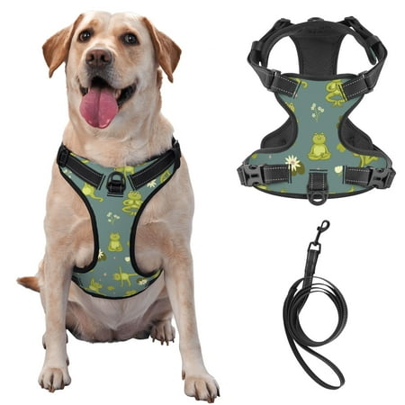 TEQUAN Large Dog Harness with Leash Funny Cute Yoga Frogs Prints Reflective No Pull Adjustable Pet Vest(L)