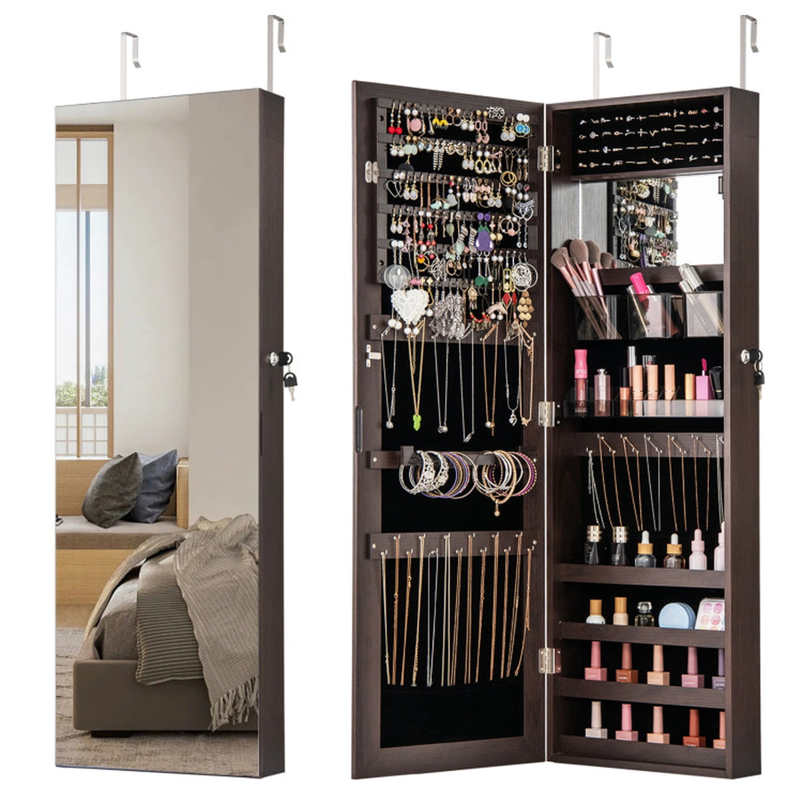 Furnibear 43.5 Inch Jewelry Mirror Cabinet with Full-length Mirror and Adjustable Hangers for Bedroom Dressing Room Jewelry Necklace, Dark Brown