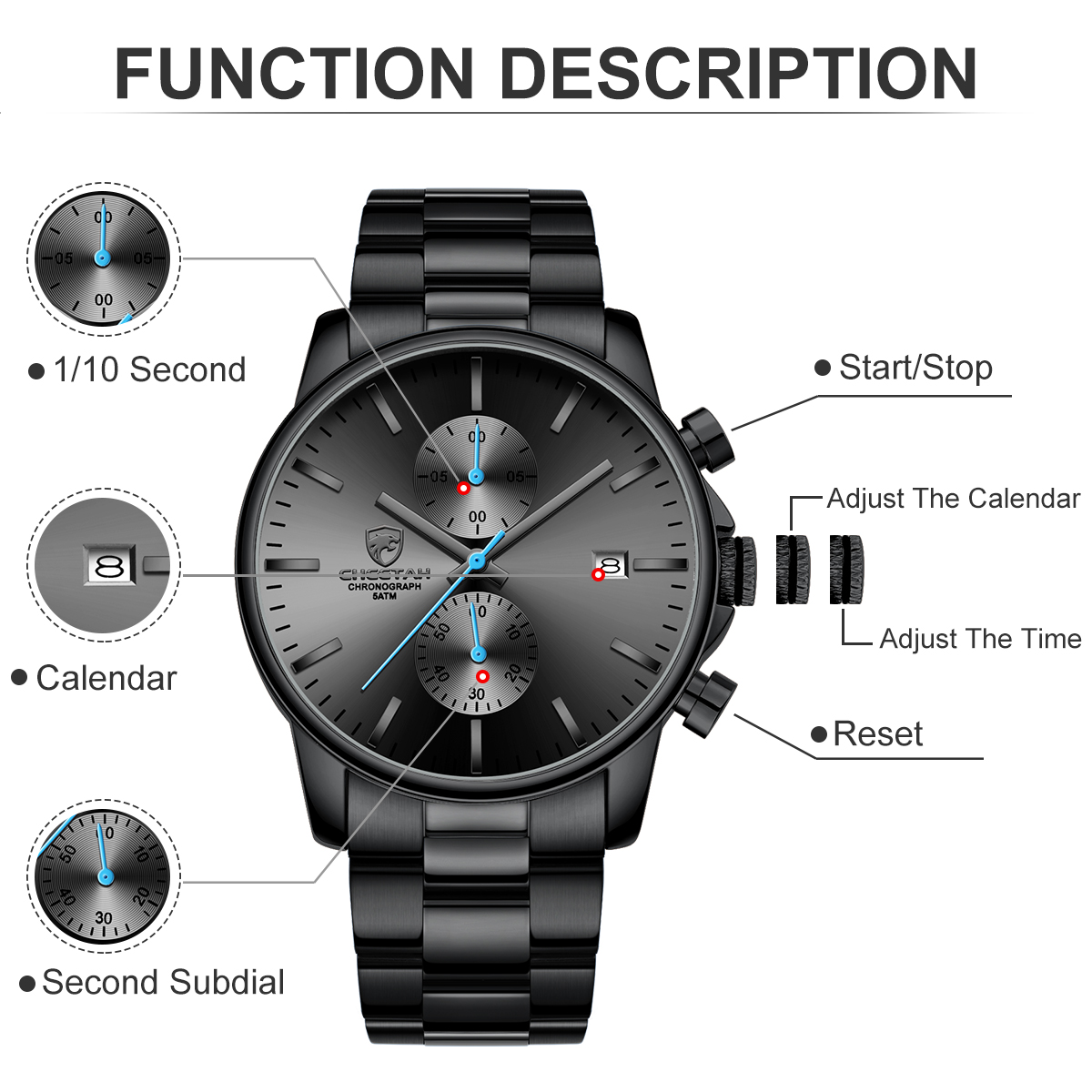 CHEETAH Fashion Business Mens Watches with Stainless Steel Waterproof Chronograph Quartz Watch for Men,Auto Date,Black&Blue