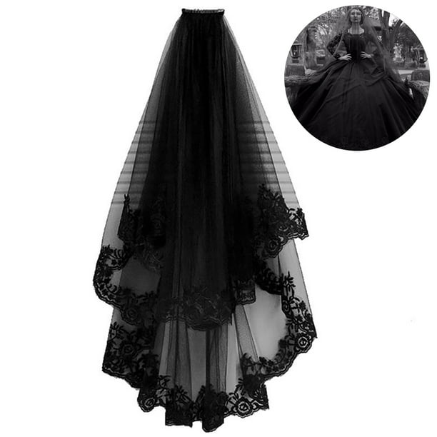 Velos de novia negros de dos capas con peineta, tul de encaje, velo de novia corto, accesorios para bodas, fiestas de Halloween.