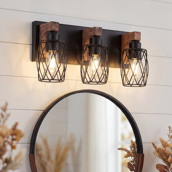 18" Industrial 3-Light Bathroom Vanity Light Fixture, Black Cage Wall Sconce with Wood Accents, Bathroom Light Fixtures Over Mirror, E26 Base, Bulbs Not Included