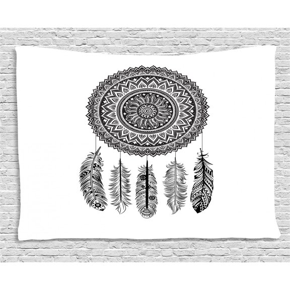 Feather Tapestry, Ethnic Dream Catcher with Blooming Foliage Leaves with Hanging Aztec Quills, Wall Hanging for Bedroom Living Room Dorm Decor, 60W X 40L Inches, Black and White, by Ambesonne