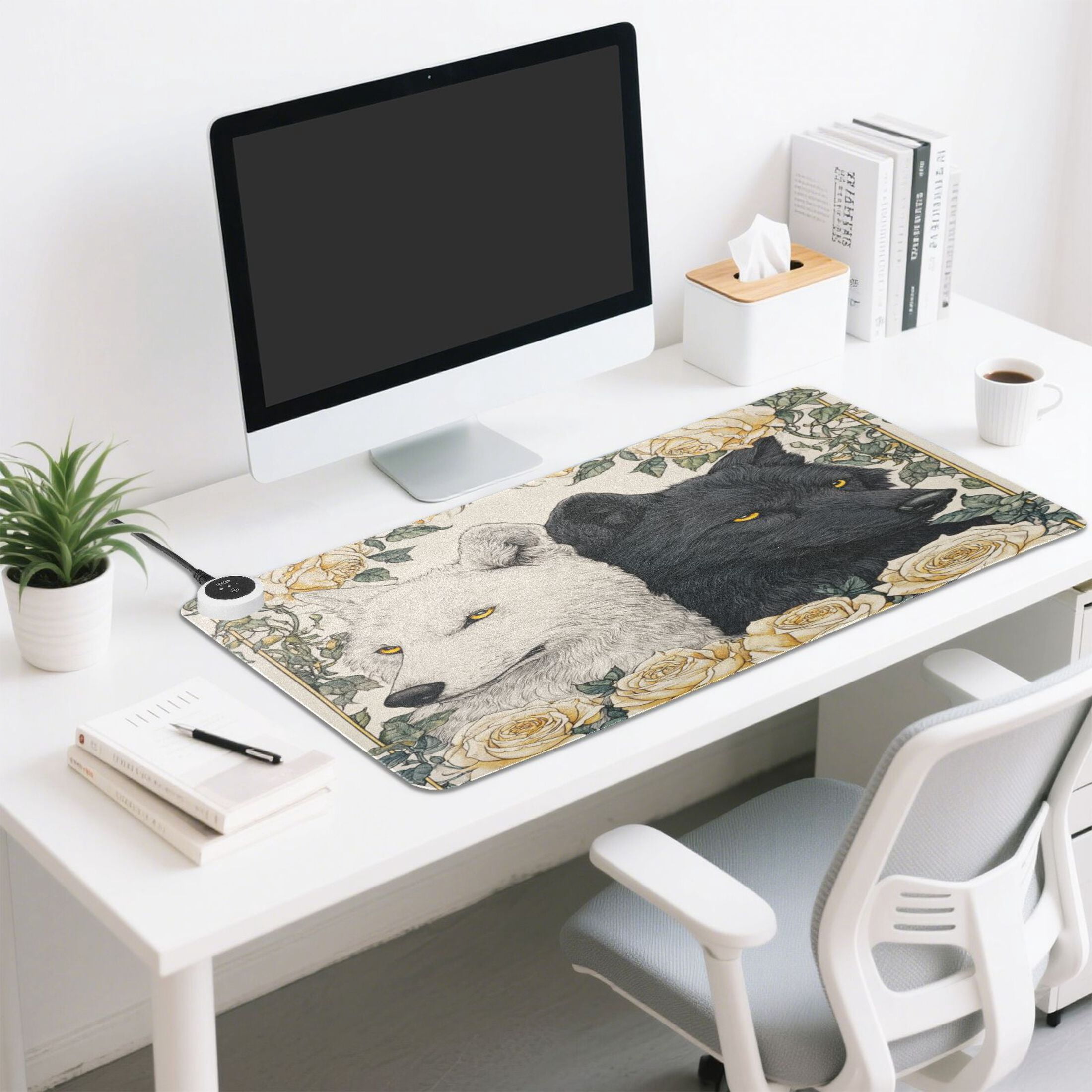 Large Heated Desk Mat Mouse Pad 31.5"x13"PU Leather Graphene Heating Desk Warmer with 3 Temperature Settings 110V US Plug Non-Slip Warm Pad for Home, Office, and Gaming Two Black and White Wolves