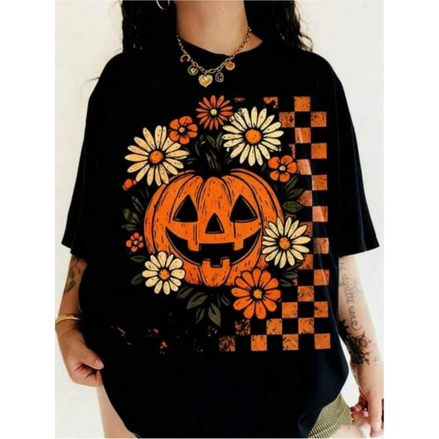 Halloween Gift Leopard Bow And Pumpkin Shirt, Gi-Rls' Positioning Printed Upper Garment, Classic Crew Neck Short Sleeve Upper Garment, Comfortable & Stylish Tops For Summer, Spring & Fall, Kid T-Shir