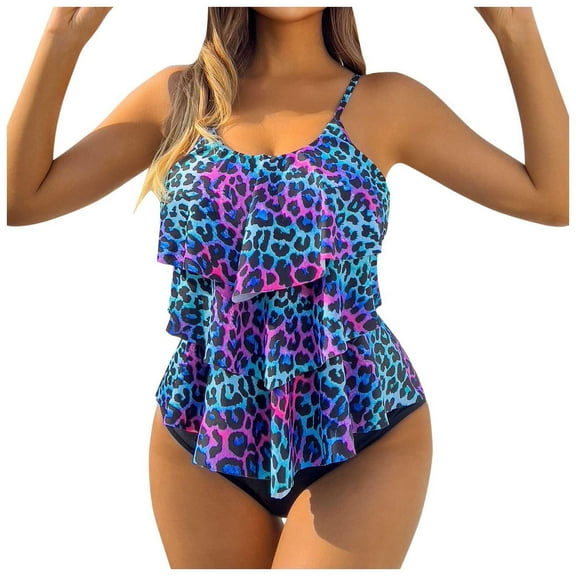 Womens Swimsuits Summer Colorful Leopard Printed Two Piece Ruffled Flanged Tankini Bathing Suits for Women L