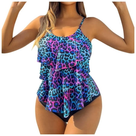 Swimsuits for Women Summer Colorful Leopard Printed Two Piece Ruffled Flanged Tankini Purple Women s Swimwear XXL