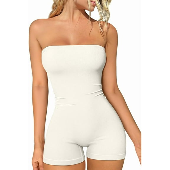Womens Tube Rompers Summer Strapless Basic Sleeveless Ruched Stretch Classic-Fit Sexy Rompers 2025