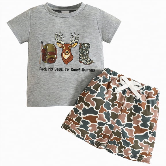 HCNTES Toddler Baby Boy Outdoor Set Deer Antler Patch Tee and Camouflage Shorts for Camping Adventures Summer Toddler Boy Clothes