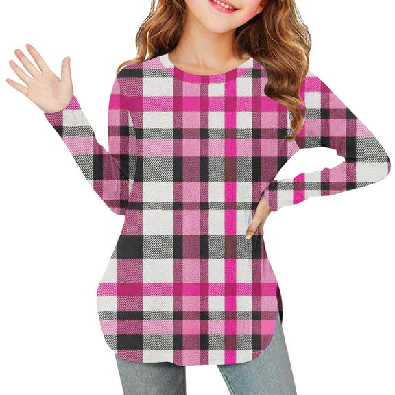 YUNAFFT Girls Checkered Long Sleeve Tops with Side Slit Hem Soft Stretchy Fabric Comfort Fit Casual T-Shirts for 2-12Y