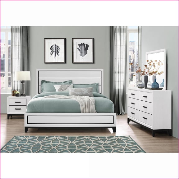 Queen Bedroom Set, Modern Ivory 5PC with Dresser & Nightstands | Rubber Wood | Standard Beds
