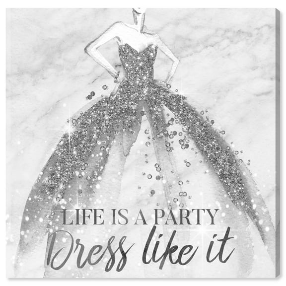 Wynwood Studio 'Life is a Party Silver' Fashion and Glam Wall Art Canvas Print - Gray, White, 20" x 20"