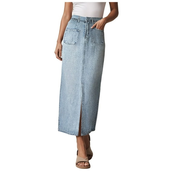 vigerkar Women’s Denim Jean Long Skirt Low High Waisted Casual Cute Skirts with Pockets Y2K Summer Sexy 2025 Trendy Blue, L