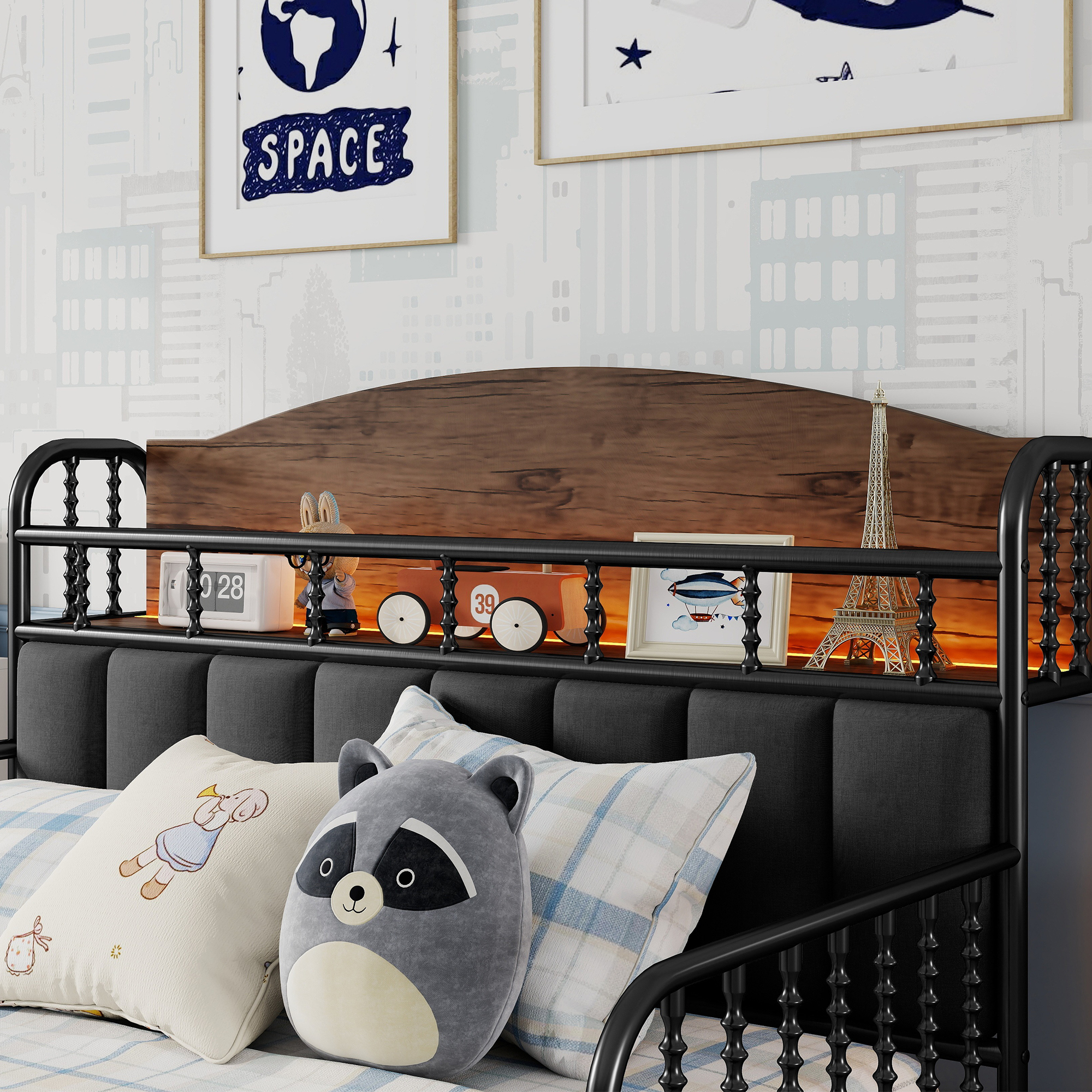 Euroco Metal Full Size Platform Bed with Upholstered Headboard, Storage Shelves and LED Light, Black