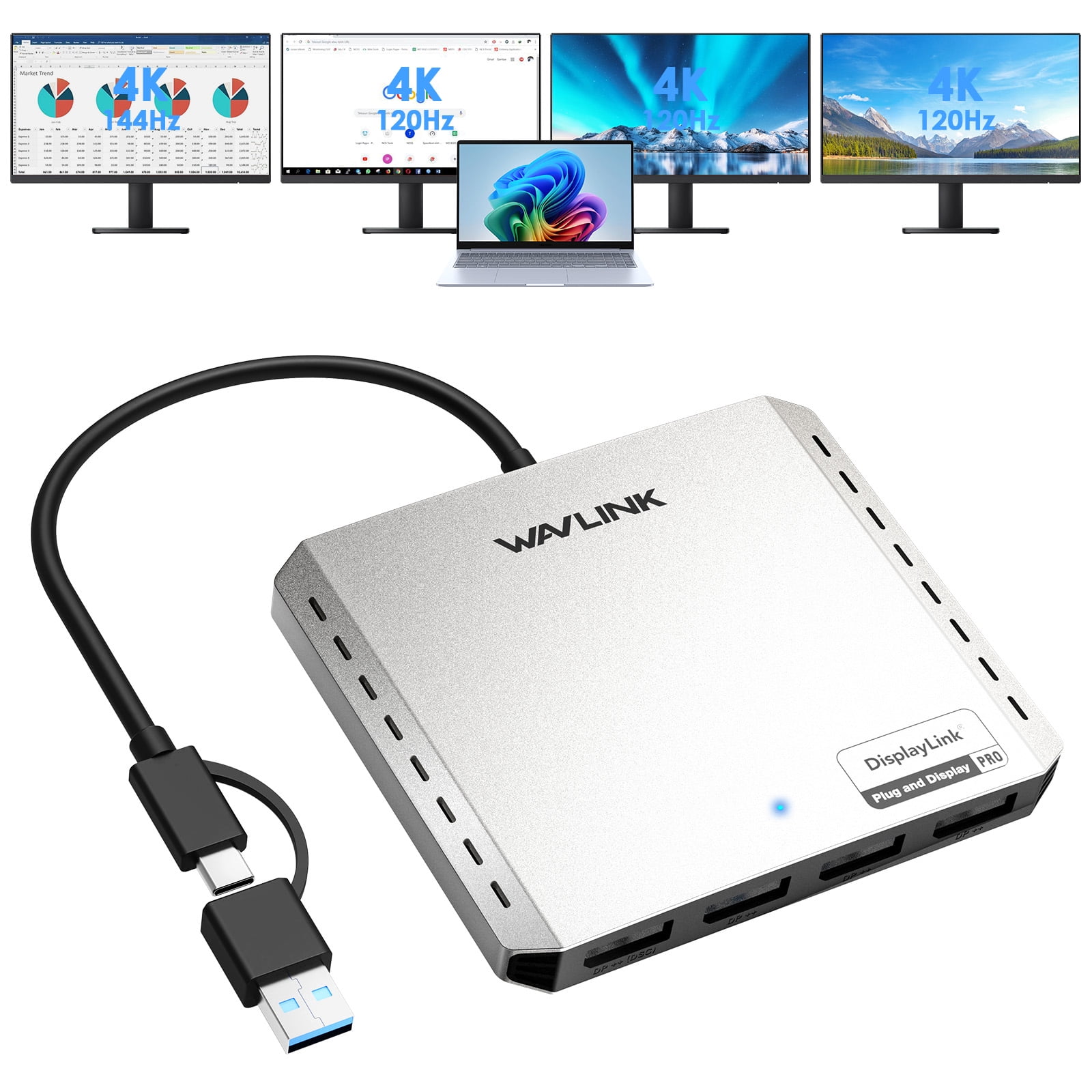 WAVLINK Quad 4K@120Hz/Dual 8K Universal Display Adapter, Compatible with MacBook Neo, DisplayLink DL7400, 4 DisplayPort, with 85W Upstream Charging, Supports Multiple Monitors for Intel/Mac&Windows