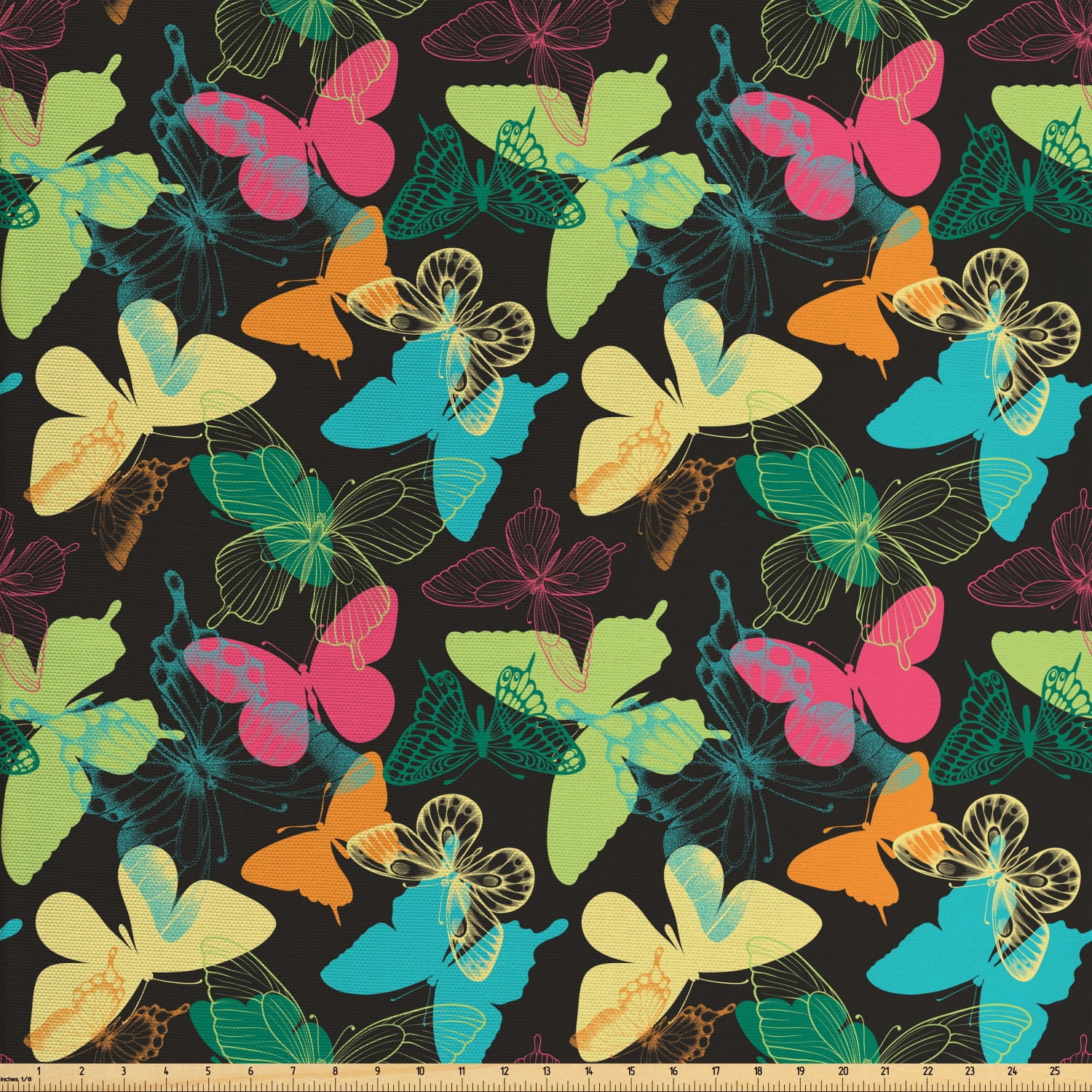 Butterfly Fabric by The Yard, Colorful Silhouettes and Outlines Insect Animals of the Spring