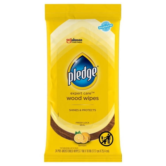 Pledge® Expert Care™ Wood Wipes, Lemon, 24 Wipes, Pack of 2