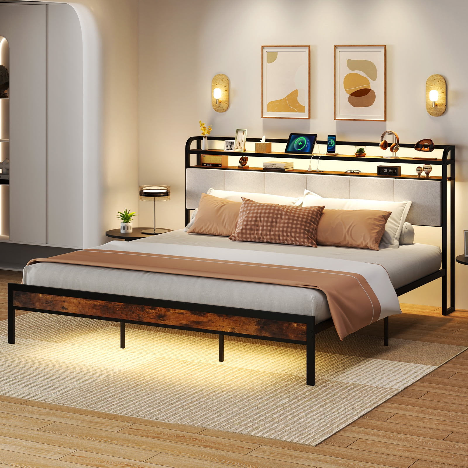 Gymax King Size Bed Frame w/LED Light & Charging Station Heavy Duty Metal Platform Bed