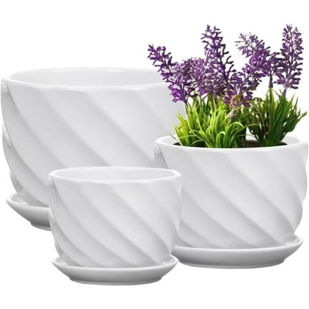 Set of 3 Ceramic Plant Pot - Flower Plant Pots Indoor with Saucers,Small to Medium Sized Round Modern Ceramic Garden Flower Pots (White)