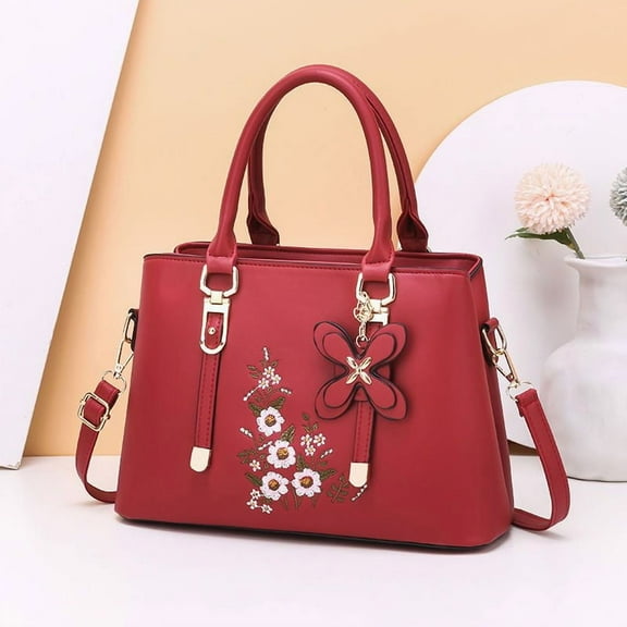 Women Fashion Embroidered Flower Handbag Solid Color Crossbody Shoulder Bag Top Handle Satchel Messenger Bags