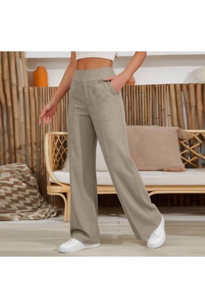 Womens Cotton Linen Pants Petite 2026 Summer Lightweight High Waist Straight Leg Solid Beach Lounge Trousers Khaki L