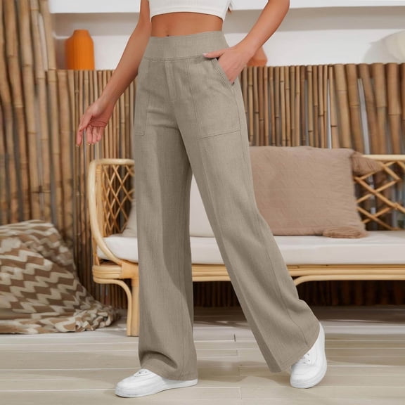 Linen Pants for Women - Elastic High Waist Wide Leg Cotton Linen Pants Spring Plus Size Straight Leg Casual Trouser Brown S
