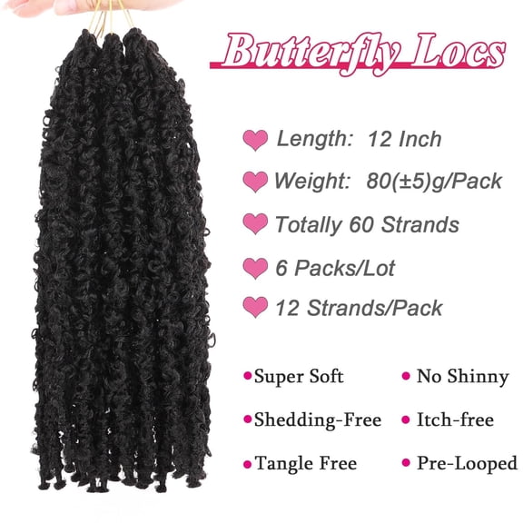 WEIF-12 Inch Pre-twisted Butterfly Locs Crochet Hair Short Bob Butterfly Distressed Braids Hair 6 Packs Pre-looped Messy Distressed Faux Locs Hair for Women (12 Inch, 1B#)