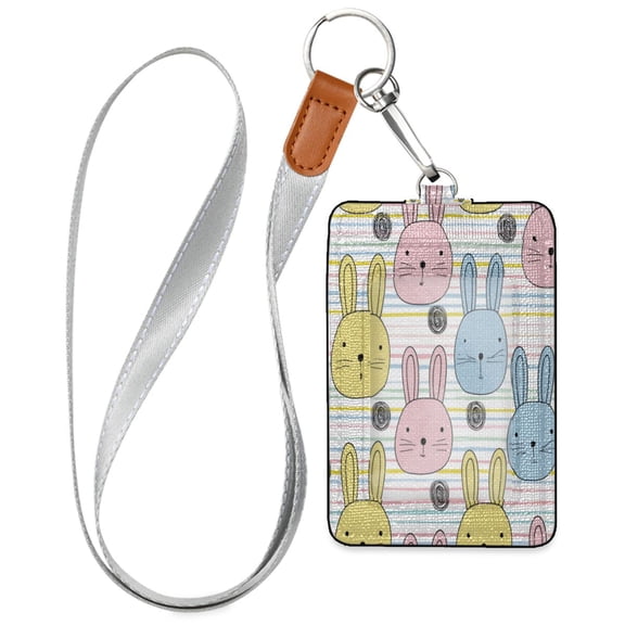 PU Leather Badge Holder Lightweight ID Card Holder with Window Pocket Striped Rabbit