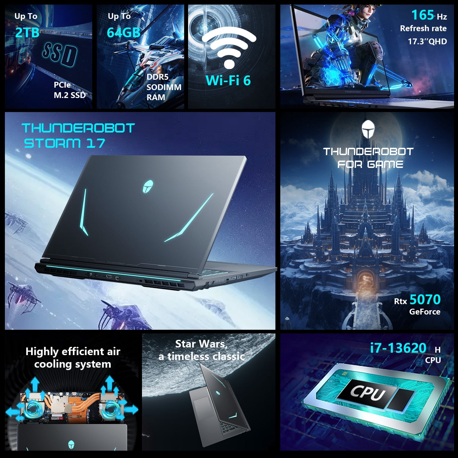 Thunderobot Storm 17 Gaming Laptop, 17.3" QHD 165Hz, Core i7-13620H, GeForce RTX 5070, 32GB RAM, 2TB SSD, RGB Keyboard, Win 11 Home