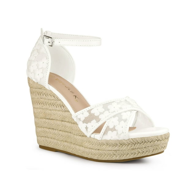 BLISSFUL STEP Sandales Compensées Espadrilles pour Femmes à Talon Compensé Fleur Blanche 5,5