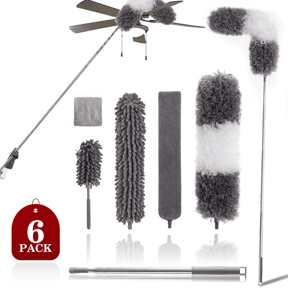 Microfiber Duster for High Ceilings (6pcs), Happylost 100" Telescopic Extension Pole Kit, Reusable Duster, Washable Lightweight Duster for Ceiling Fan Webs, Blinds