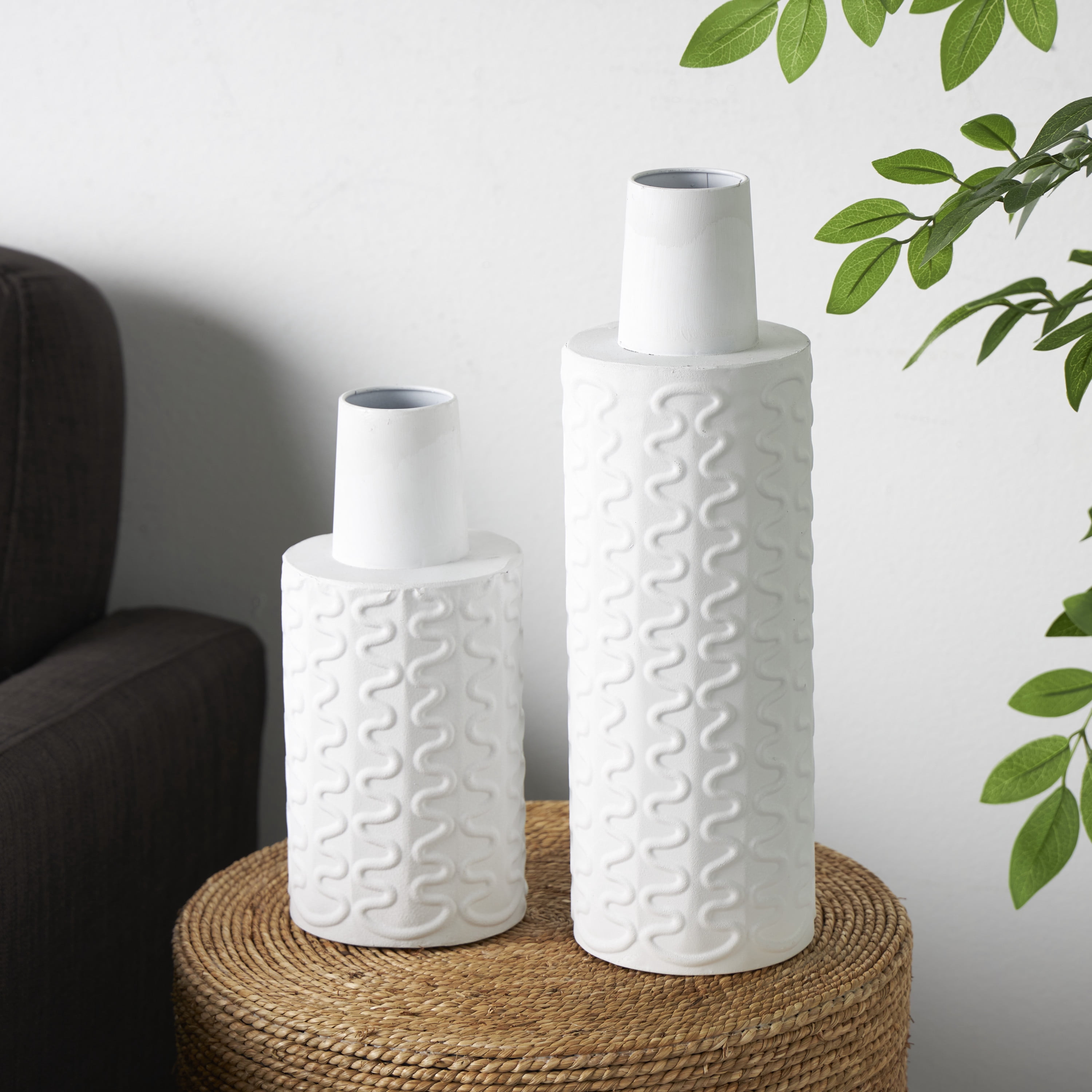 DecMode 16", 11"H Abstract Wavy Textured White Metal Vase, Set of 2