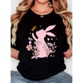 thumbnail image 1 of T-Shirt pour Femme, Imprimé de Pâques Directionnel « Pink Side Bunny Flower », Mode Rétro Minimaliste, Col Rond, Confort Décontracté, T-Shirt de Sport à Manches Courtes Fête des Pères, Fête des Mères, Nouvel An, Fête du Printemps, 1 of 7