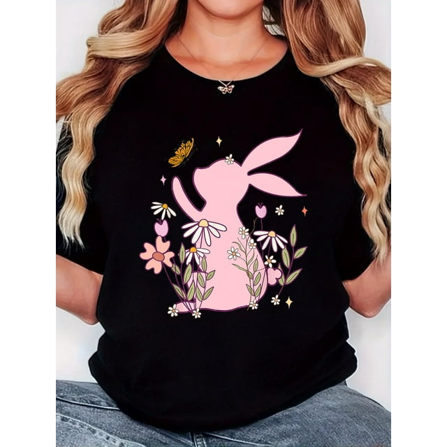T-Shirt pour Femme, Imprimé de Pâques Directionnel « Pink Side Bunny Flower », Mode Rétro Minimaliste, Col Rond, Confort Décontracté, T-Shirt de Sport à Manches Courtes Fête des Pères, Fête des Mères, Nouvel An, Fête du Printemps