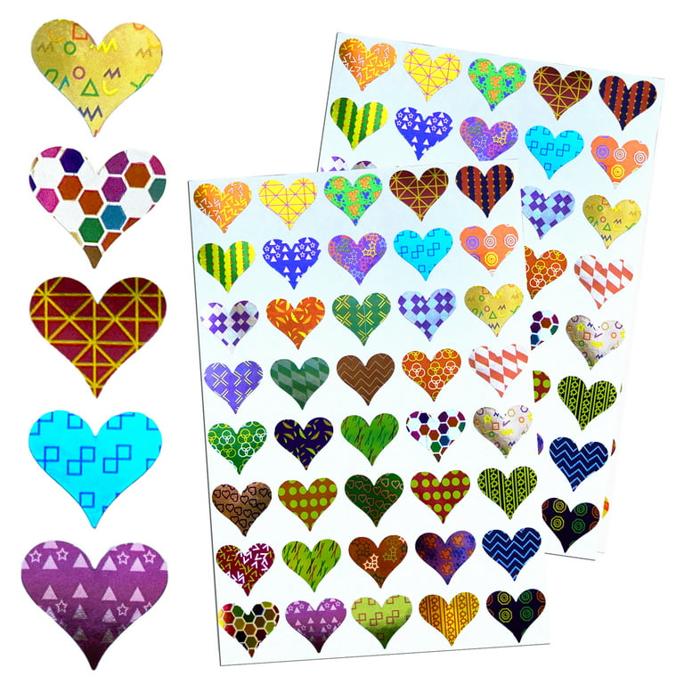 Valentines Stickers Heart Shape, Assorted Patterns Hearts Sticker in Red, Pink, Blue, Gold, Green , Purple, Stars, Flowers, Stripes and Dots, Royal