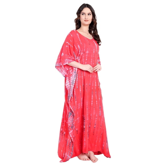 Vivanta Tie‑Dye Kaftan Dress for Women Plus Size – Maxi V‑Neck Mumu Swim Cover Up, Coral Red Tie Dye Boho Batwing Sleeve Beach Dress, Casual Loungewear & Resort Wear
