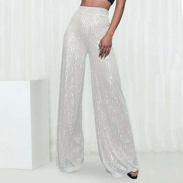WILLBEST Pantalones Casuales de Lentejuelas de Moda para Mujer, Cintura Alta, Pierna Ancha, Acampanados, Ropa de Discoteca para Mujer, Estilo Brillante, Ajuste Cómodo Chica