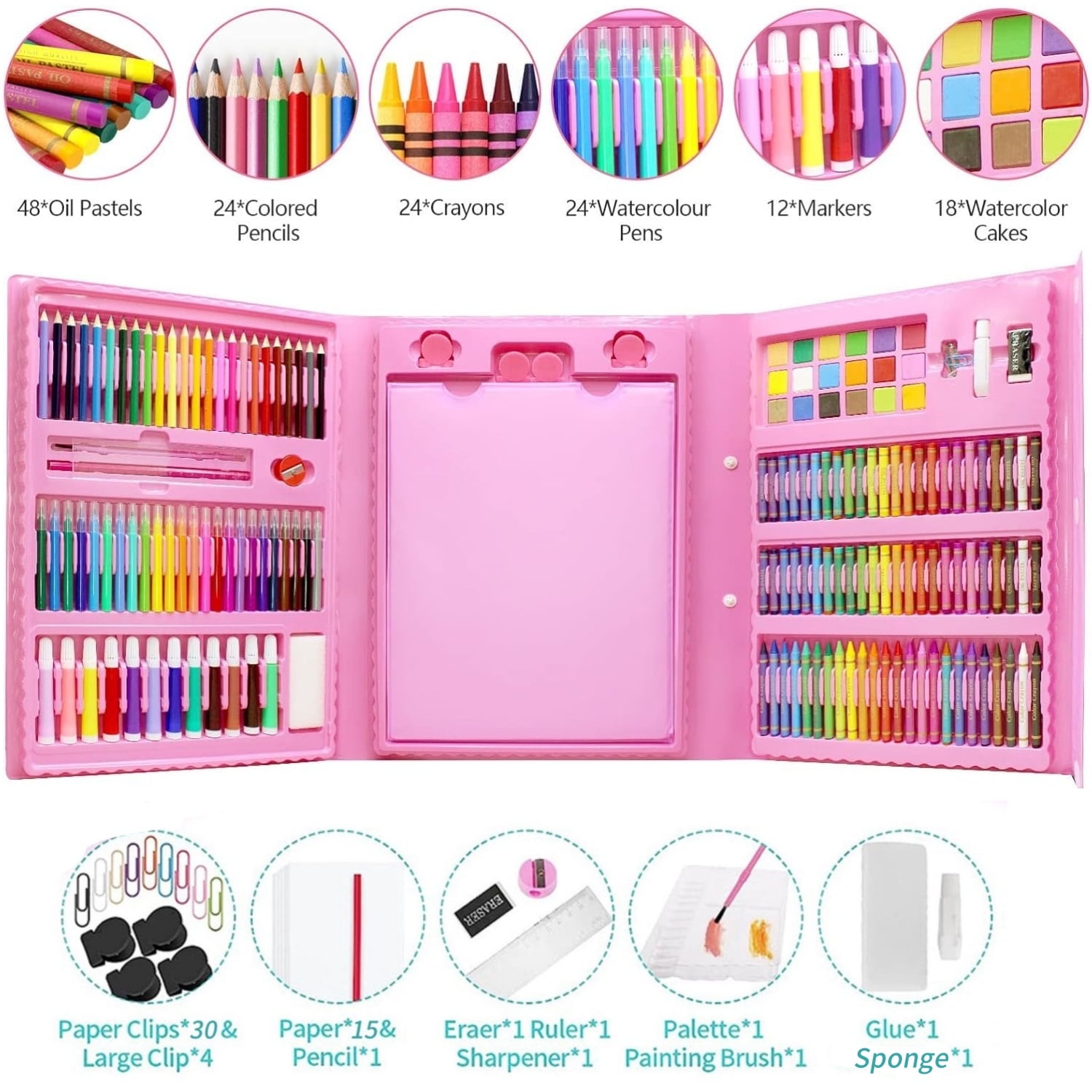 208 Pcs Art Supplies Kid's Drawing Art Kit Painting Art Set Crafts Case for Girls Boys Artist Gift Box with Trifold Easel, Includes Oil Pastels Crayons Colored Pencils Watercolor Pens Markers(Pink)