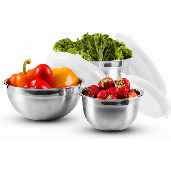 OVENTE Mixing Bowl Stainless Steel with Lids, Nesting Bowls with Measuring Marks, Easy to Clean and Store, Perfect for Cooking, Baking Serving, Silver, 1.5, 3.5, and 5 Quarts, Set of 3, BM46333S