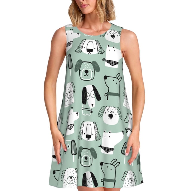 Bixox Robe Sans Manches à Imprimé Chiot pour Femmes avec Poches, Robe Décontractée Longueur Genou pour l'Été-TTG