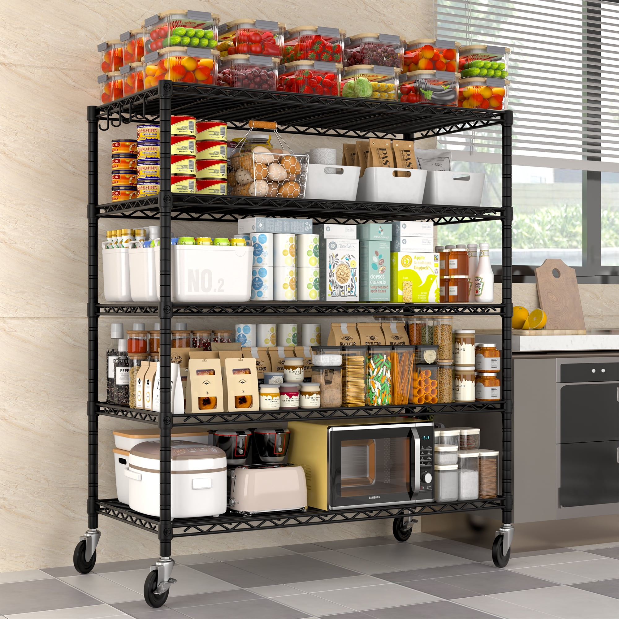 TrumanPick 5-Shelf Adjustable Heavy Duty Storage Shelves-48"W x 24"D x 76"H Metal Organizer, Garage Shelving with Wheel, Wire Shelf for Kitchen Pantry Warehouses Closets, Black