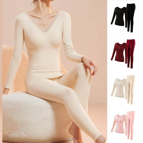 Feancey Lace V Neck Thermal Underwear Sets for Women Long Johns Fleece Base Layer Thermals Cold Weather Warm Tops and Bottoms Pajamas Set Red L