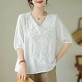 thumbnail image 6 of Wiyuqeen Women's Summer Embroidered Print Tops V Neck Short Sleeve Tunic Fashion Shirts Cotton Linen Loose Fit Trendy Going Out Blouses, 6 of 6