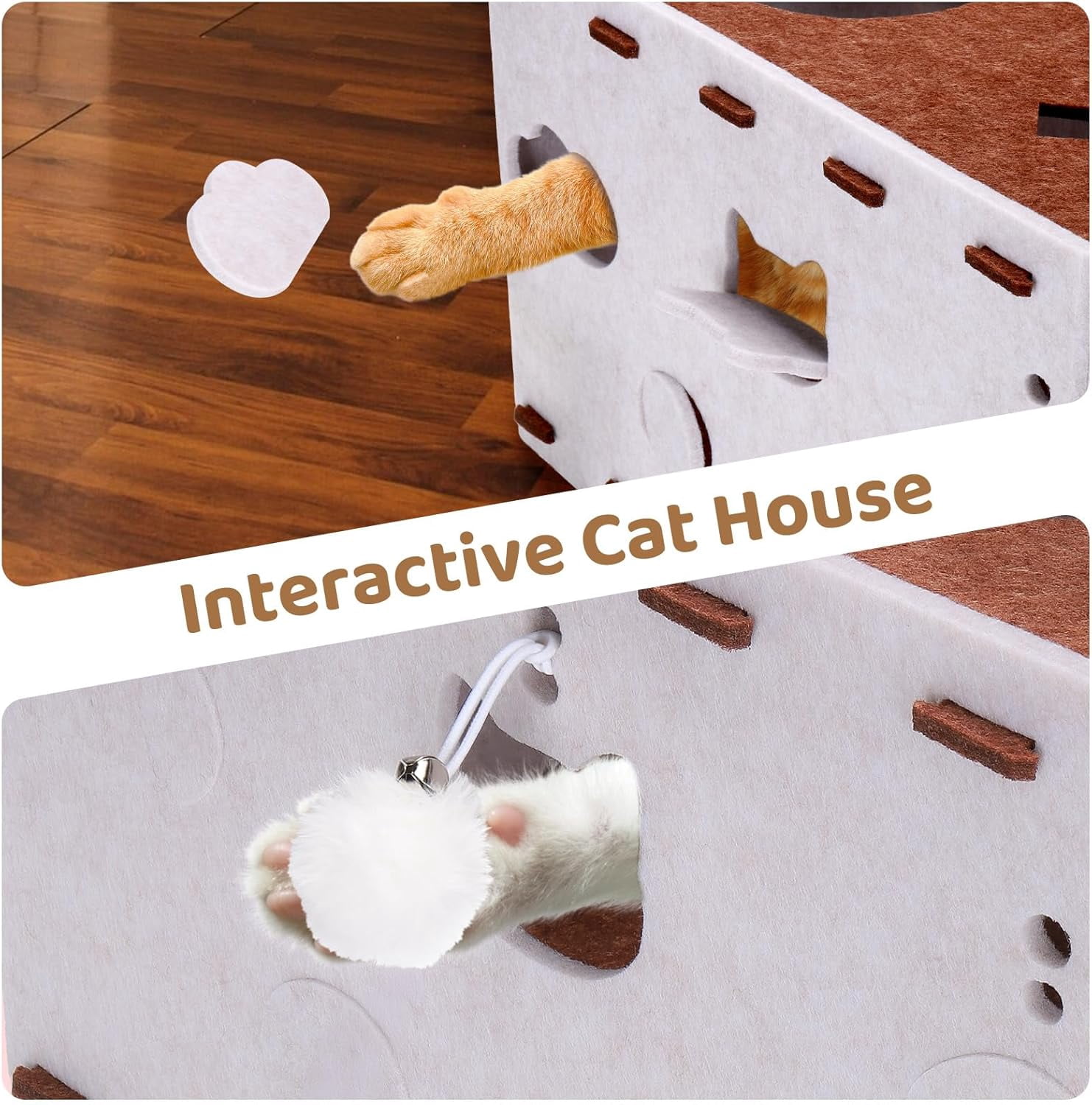 Cat House for Indoor Cats, Foldable Felt Bed Cave with Tunnel & Cat Ball Toy, Large Cat Bed Up for Play, Soft & Warm Cat Beds & Furniture for Indoor Kitten Adult Cats