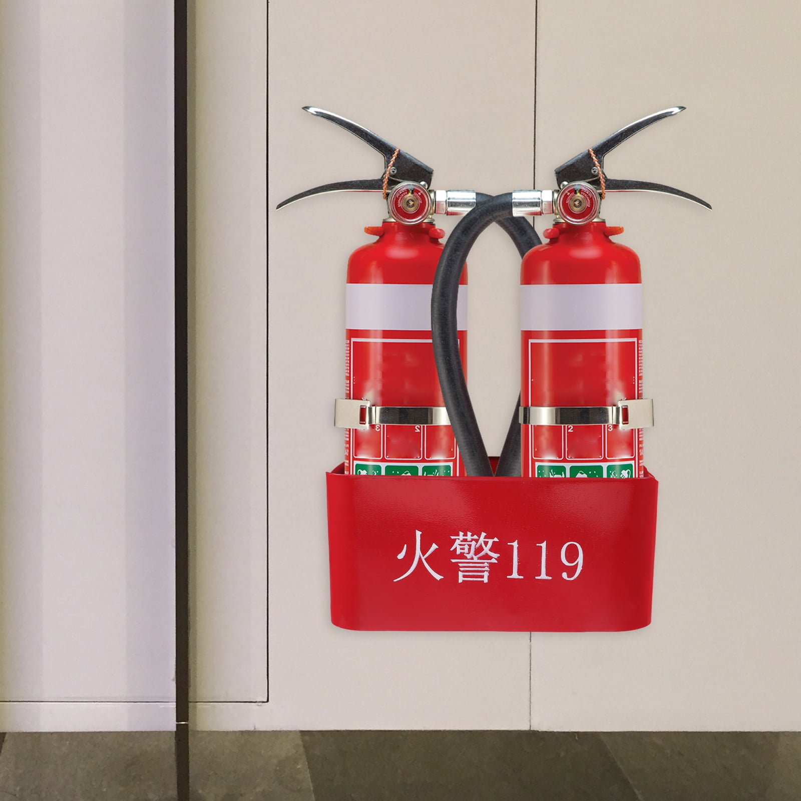 Red Fire Extinguisher Wall Mount Holder for Daily Use Made of Iron Supports Double Extinguishers