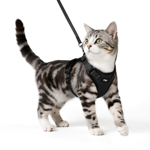 Pigo Cat Harness and Leash for Walking, Escape Proof Soft Adjustable Vest Harnesses for Cats, Easy Control Breathable Reflective Strips Jacket, Black