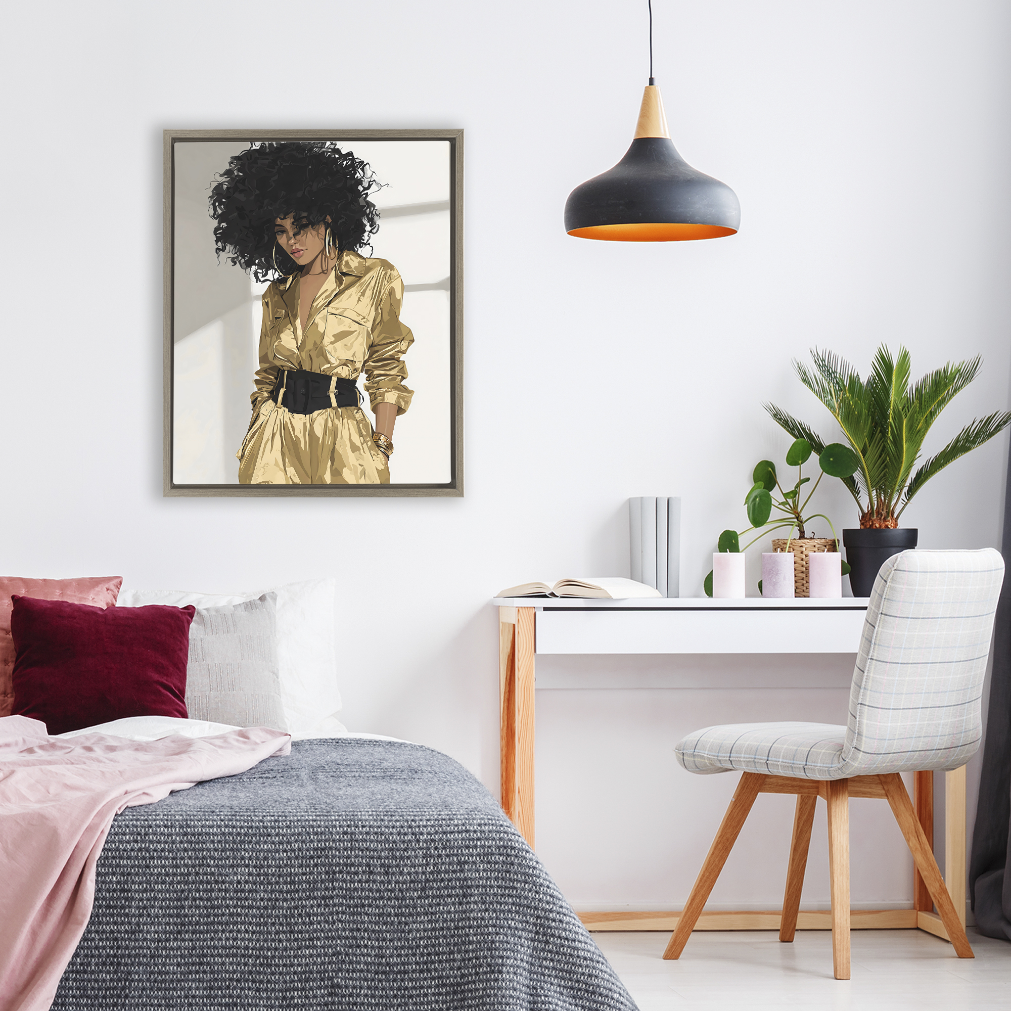Stupell Industries Elegant Woman in Chic Jumpsuit Brown Framed Floater Canvas Wall Art, design by Franklyn Gregory