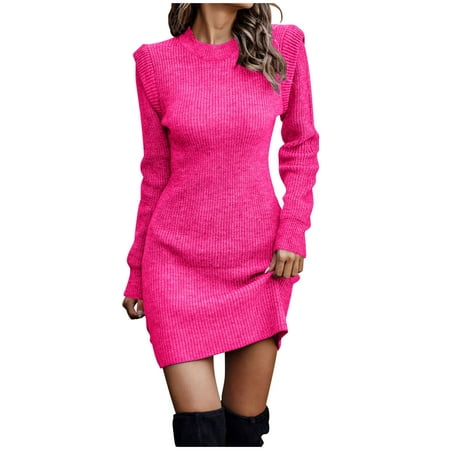 Olyvenn Womens Tunic Hip Wrap Knitted Sweater Bodycon Dress Fashion Classic Solid House Dress Mock Neck Ruched Warm Slim Fit Casual Flowy Smocked Raglan Cap Long Sleeve Prom Dress Hot Pink 10