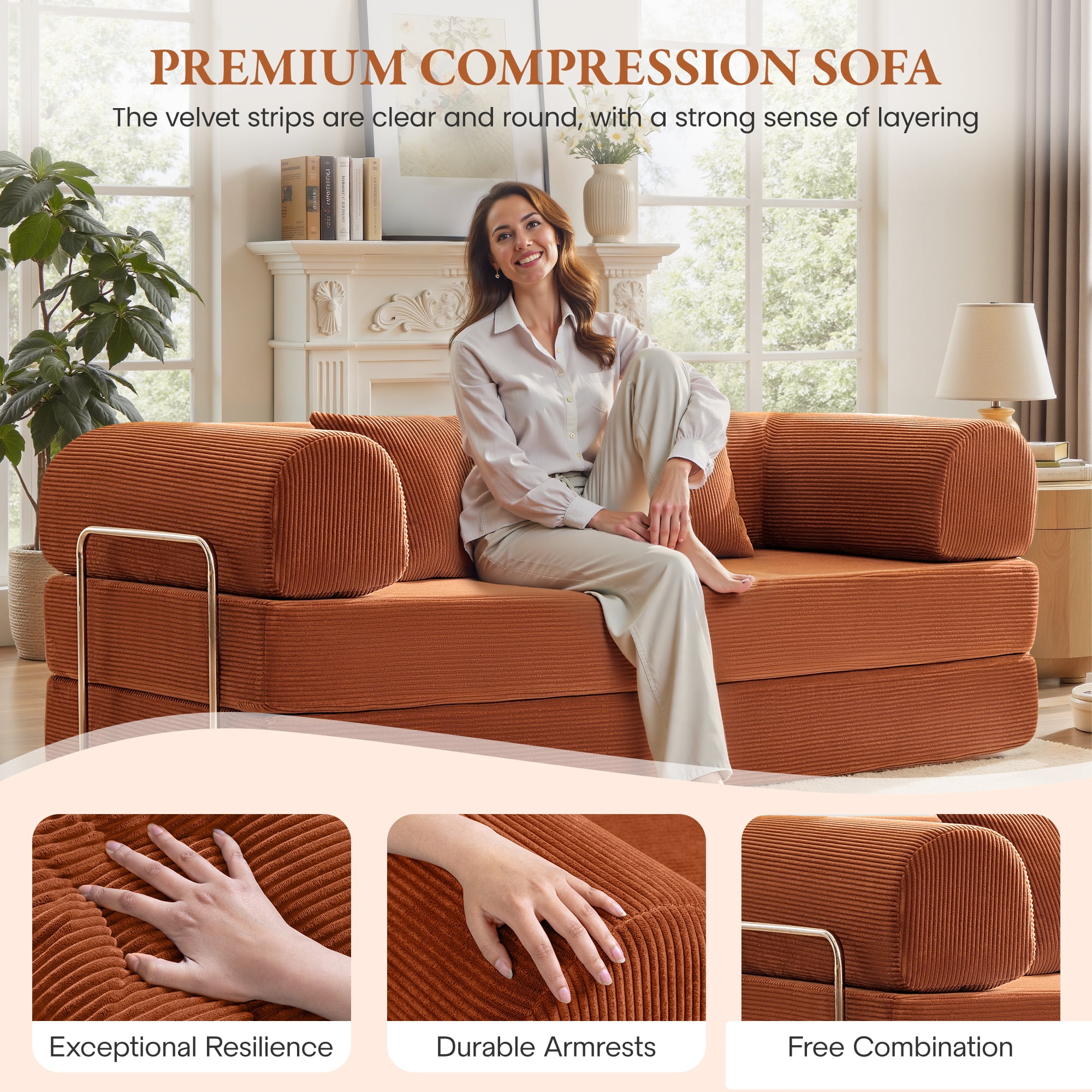 COOLHUT 78.7" W Combination Sofa, High Rebound Density Foam Sofa Couch, Two Forms Floor Couch Three Seats Sofa Bed for Living Room, Bedroom, Pumpkin Brown